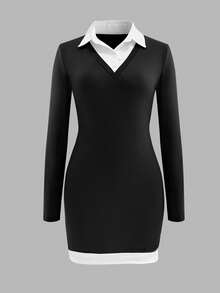 Glimmora Đầm midi dài tay ôm dáng thoải mái 2 trong 1 phối màu tương phản dành cho nữ - màu đen - Xem 4