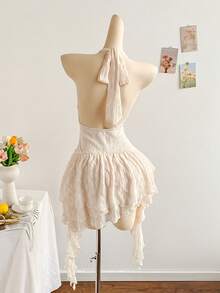 Soleia Romantic Vacation Halter Knit Mesh Blue Printed Dress For Women - Beige - View 2