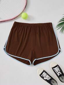 SHEIN EZwear 大码女式棕色休闲撞色滚边短裤，夏季 - 棕色 - 查看 6