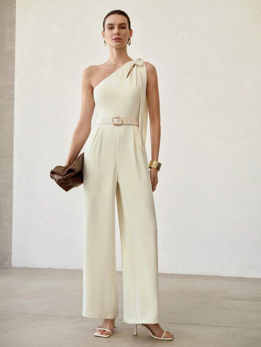 MOTF PREMIUM 女士优雅镂空蝴蝶结单肩无袖连体裤（不含腰带），高品质，2026春夏新款 - 米色 - 查看 1