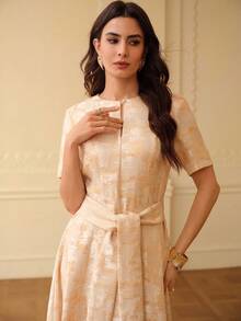 ZEYLAH Vestido elegante de manga corta con escote en V y jacquard, primavera/verano - Albaricoque - Ver 6