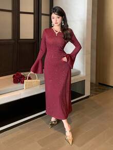 DAZY Romantic Design Oblique Placket Flare Sleeve Fitted Mid-Length Dress For Women, Spring Wedding Guest Dress Maxi Dress Sundress - Burgundy - View 4