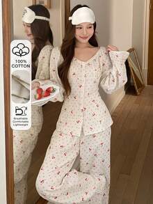 DAZY Women's Sweet Cherry Polka Dot Allover Print Ruffle Collar Pajama Set - White - View 1