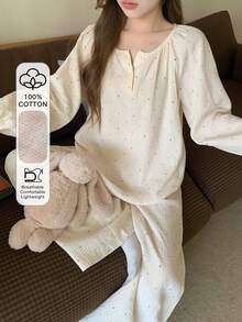 DAZY Polka Dot Print Loose Lantern Sleeve Women Pajama Set, Soft Crepe Fabric - Beige - View 3