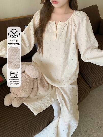 DAZY 波点印花宽松灯笼袖女士睡衣套装，柔软绉纱面料
