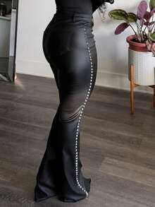 Tyla Gomez Gothic Rave High Waist Studded Side PU Leather Skinny Flare Leg Pants Punk Music Festival - Black - View 3