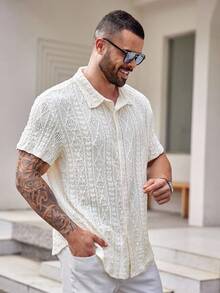 EASEVO Plus Size Men's Knit Casual Vacation Front Button Short Sleeve Shirt - Apricot - View 4