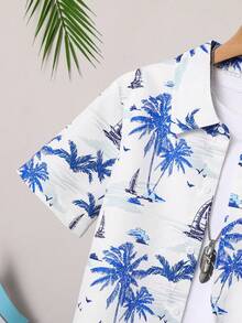 SHEIN Vacaura 2pcs Casual Versatile Beach Vacation Style Coconut Tree Print Digital Shirt + Shorts Set, Suitable For Daily Commute And Outdoor Wear, Teenagers - Royal Blue - View 3