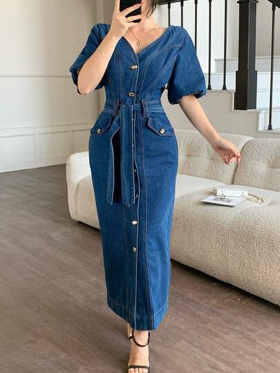 DAZY Women's V-Neck Short Sleeve Belted Elegant Long Washed Denim Dress