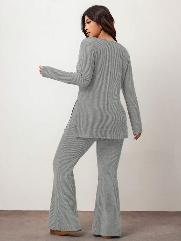 Enliva Plus Size Casual & Homewear Minimalist Off-Shoulder Ribbed 2 Pieces Set,Autumn Clothes ,Winter Clothes ,Friendly To Round Body Curves - Grey - View 2