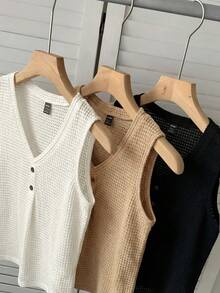 SHEIN LUNE 3件装女士休闲纯色无袖V领背心，适合夏季、度假、通勤、日常穿着 - 彩色 - 查看 4