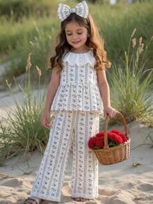 SHEIN 2pcs Tween Girls Floral Pattern Ruffle Trim Casual Top And Pants Suit, Summer - White - View 4