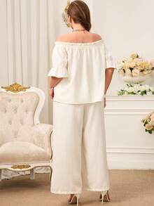Miaspire Plus Size Elegant Commuter Solid Color Off Shoulder Shirt And Pants Two Pieces Set For Summer/ Vacation Lounge Sets For Women Lounge Sets Plus Size Summer Outfit For Women Beach Vacation Outfits Elegant Party Outfit White Plus Size Jumpsuit - White - View 6