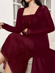 Modelyn Bộ 2 món gồm áo khoác lưới dài tay màu trơn và váy hai dây đuôi cá cho nữ, thích hợp cho mùa thu. - Màu Đỏ Sâu - Xem 8