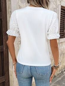 Breezaya Women's Casual Round Neck Versatile Fashion Hollow Embroidery Puff Sleeve T-Shirt - White - View 2