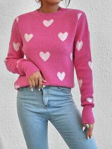 EMERY ROSE Heart Jacquard Crew Neck Casual Long Sleeve Women Sweater, Autumn/Winter - Hot Pink - View 5