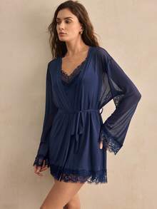 Charlaine Women's Elegant Sexy Contrast Lace Camisole Nightgown And Robe Set - Navy Blue - View 2