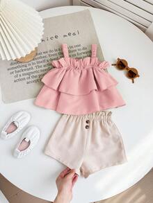 Babygirl Cute Summer Vacation Ruffle Strap Top And Shorts Set - Multicolor - View 3