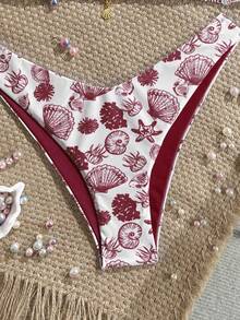 Swim Mod 2件套夏季度假随机印花金色贝壳装饰挂脖比基尼上衣和高衩泳裤性感泳装套装波西米亚风比基尼贝壳印花比基尼套装碎花比基尼樱桃泳衣女士波西米亚风泳装 - 彩色 - 查看 6