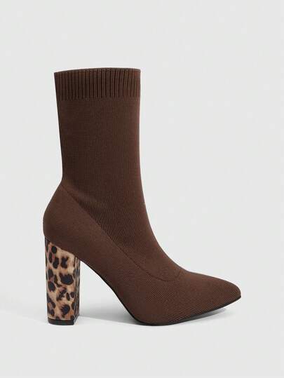 Daringsoles Pointed Toe Thick High Heel Slip-On Elastic Black Knitted Tight Fitted Sock Boots, Comfortable Sexy Leopard Pattern Elastic Ankle Boots For Women