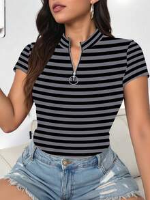 INAWLY Solva Camiseta de mujer casual con media cartera con cremallera y estampado de rayas - Multicolor - Ver 3