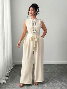 Elenzga 大码女式新款优雅撞色蕾丝阔腿休闲连体裤，适合外出和度假 - 杏色 - 查看 4