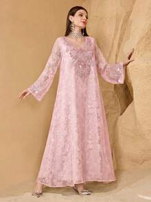 SHEIN Najma Đầm kiểu Ả Rập lãng mạn, thanh lịch dành cho thiếu nữ, làm từ vải cắt ren tinh tế. - Màu Hồng baby - Xem 4