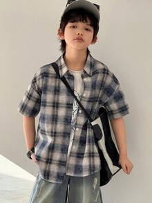 DAZY Tween Boy Rutig Kortärmad Enkelknäppt Avslappnad Lös Skjorta - Blå - Visa 4