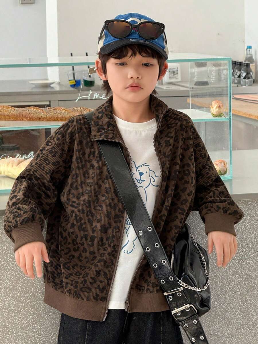 Dazy Kids 男童休闲宽松豹纹翻领外套，秋季款 - 棕色 - 查看 1