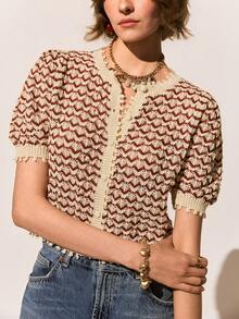 Poéselle 新款春夏法式复古条纹拼接提花镂空短袖针织女式上衣 - 彩色 - 查看 1