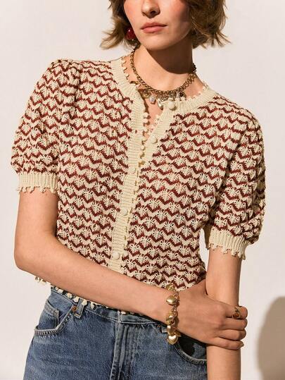 Poéselle Ny vår/sommar fransk retro randig patchwork jacquard urholkad kortärmad stickad topp för kvinnor