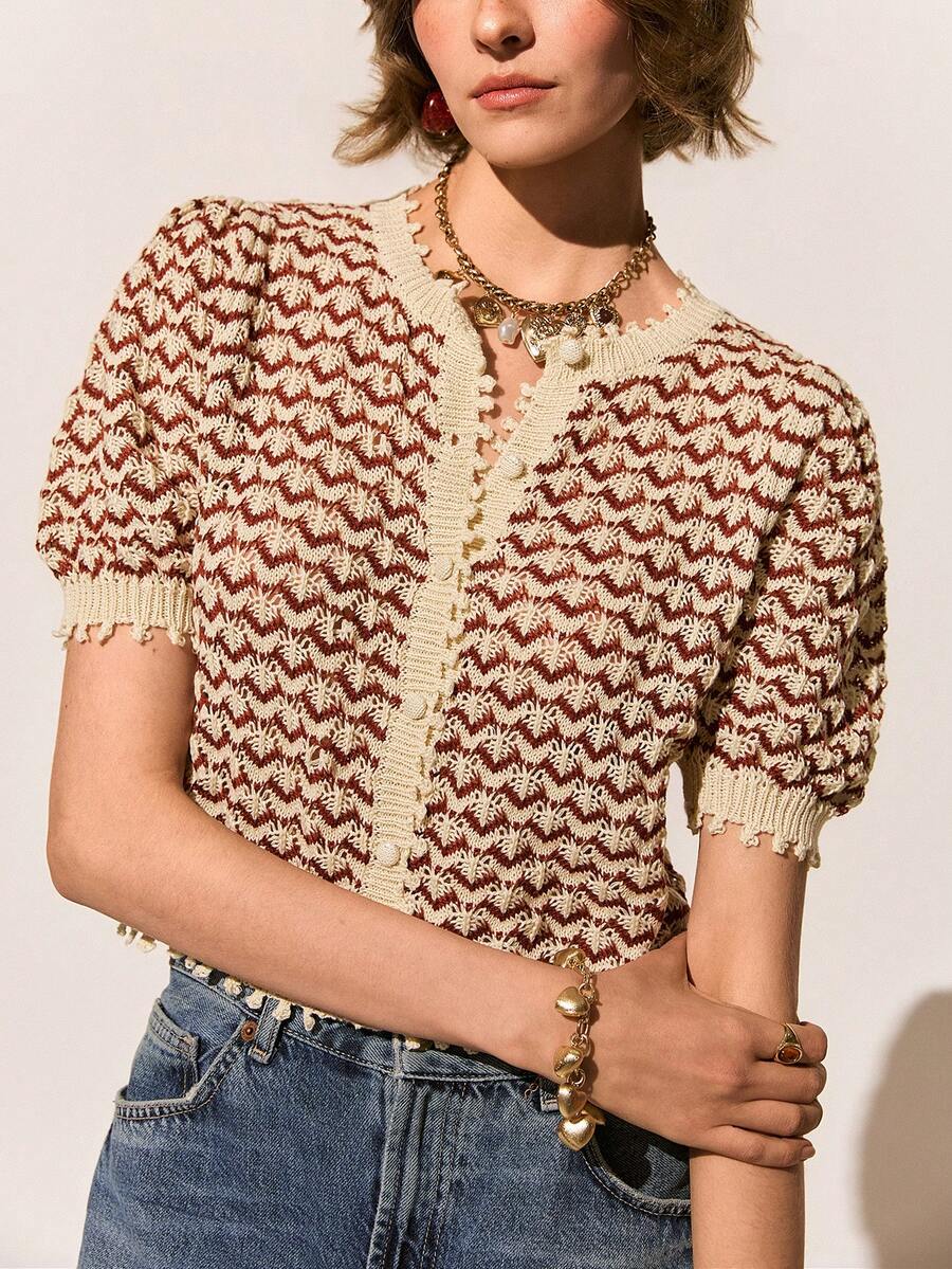 Poéselle Áo dệt kim tay ngắn khoét lỗ họa tiết sọc phối ghép kiểu Pháp retro mùa xuân/hè mới dành cho nữ - Nhiều màu - Xem 1