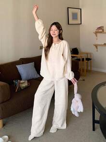 DAZY Polka Dot Print Loose Lantern Sleeve Women Pajama Set, Soft Crepe Fabric - Beige - View 7