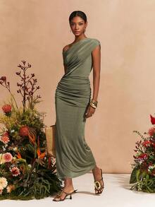 Zivah 2026 Spring/Summer New Arrivals, Casual Olive Green Asymmetric One-Shoulder Knit Pleated Decorated Long Dress For Women, Suitable For Valentine's Day Outfit, Wedding Guest Attire, Vacations, Travel, Parties, Gatherings, Cruises, Evenings, Beach Sunbathing, Nighttime Outings, Brunch, Shopping, Formal Occasions, Dinner Parties. - Grey - View 1