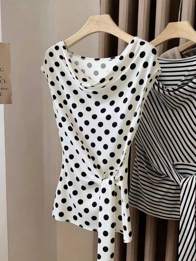 Almamuse 大码女式波点印花扭领休闲百搭T恤