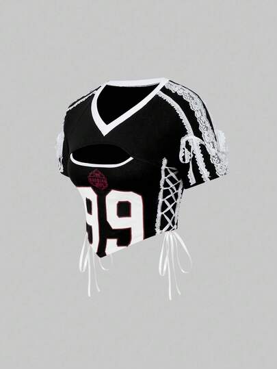 ROMWE Avant Spring /Summer Women's Retro College Style Back To School Sexy Sports Ballet Lace Patchwork Embroidered Numeric Tight T-Shirt