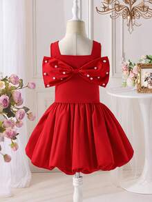 SHEIN Ensemble top et jupe pour jeunes filles élégant avec col carré, décoration de perles et nœud amovible dans le dos - Rouge - Voir 12