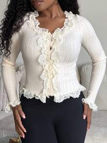 Women's Contrast Lace Button Down Cardigan,Long Sleeve Tops,Fall Women Clothes - Beige - View 4