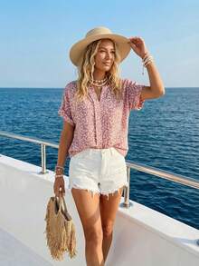 SHEIN LUNE 度假休闲浪漫粉色碎花蝙蝠袖女式衬衫 - 粉色 - 查看 4