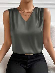 SHEIN LUNE 女士纯色V领褶皱休闲百搭无袖衬衫 - 深灰色 - 查看 6