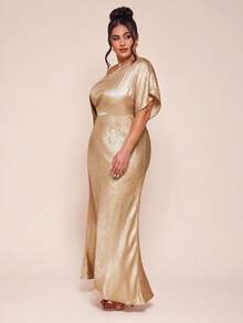 SHEIN BAE 大码女式不对称肩部连衣裙，优雅假日连衣裙 - 金色 - 查看 6