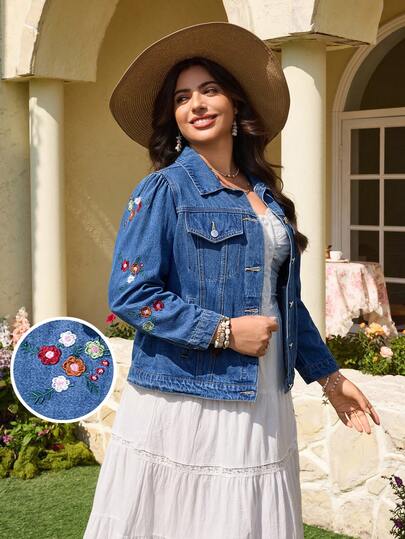Breezaya Plus Size Women's Spring/Summer Embroidered Washed Denim Jacket