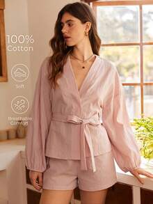 Bohemian Casual 100% Cotton Jacquard Pajama Set, Suitable For Loungewear And Outerwear, Young Women Homewear - Pink - View 1