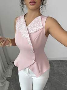 Selianne Women's Contrast Lace Single-Breasted Elegant Fashion Vest - Pink - View 5