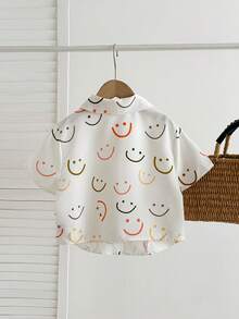 SHEIN LMoss Kids 少女白色領口印花短版短袖襯衫，休閒可愛日系圖案鈕扣開襟上衣，適合夏天少女上學穿著 - 白色 - 查看 2