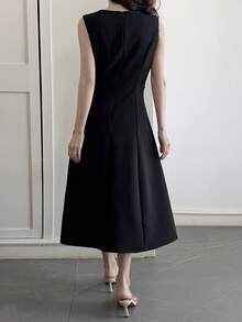 DAZY Đầm đen kiểu Pháp, đầm midi dáng chữ A thắt eo dành cho nữ, đầm mùa hè. - màu đen - Xem 2