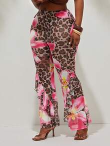 Radiana Damen Große Größen Frühling/Sommer Mode Sexy Urlaubs Serie Leoparden Muster & Lilien Blumen Design Rüschen Saum Transparente Elastische Mesh Weite Hose - Verschiedenfarbig - Übersicht 3