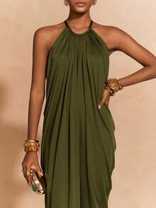 Zivah 2026 Spring/Summer New Arrival Wedding Season, Music Festival, Easter, Western, Boho, Nashville Inspired Dress With Halter Neck, Sexy Open Back, Front Ruching, Loose A-Line Silhouette, Suitable For Parties, Weddings, Evenings, Dates, Gatherings - Olive Green - View 8