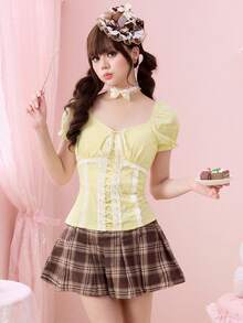 ROMWE Kawaii 女士可爱度假风纹理面料蕾丝边系带上衣 - 鵝黃色 - 查看 7