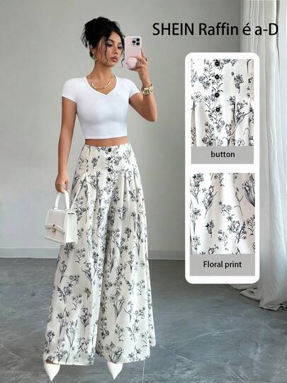 Rafferiza 女士印花褶裥前开襟纽扣裤